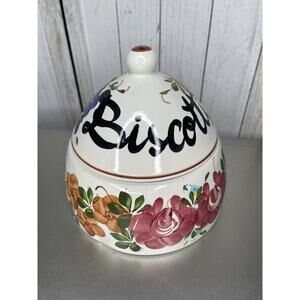 Vintage Italy Pottery Biscotti Cookie Jar Canister Hand Painted Floral As Is